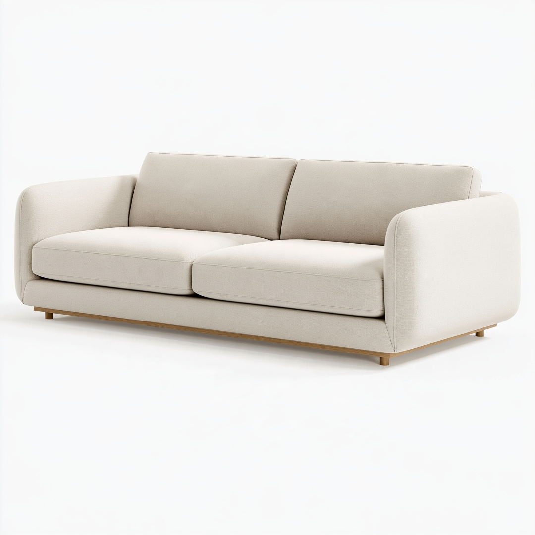 Canapé 2 places 180 cm tissu beige pieds en bois style contemporain