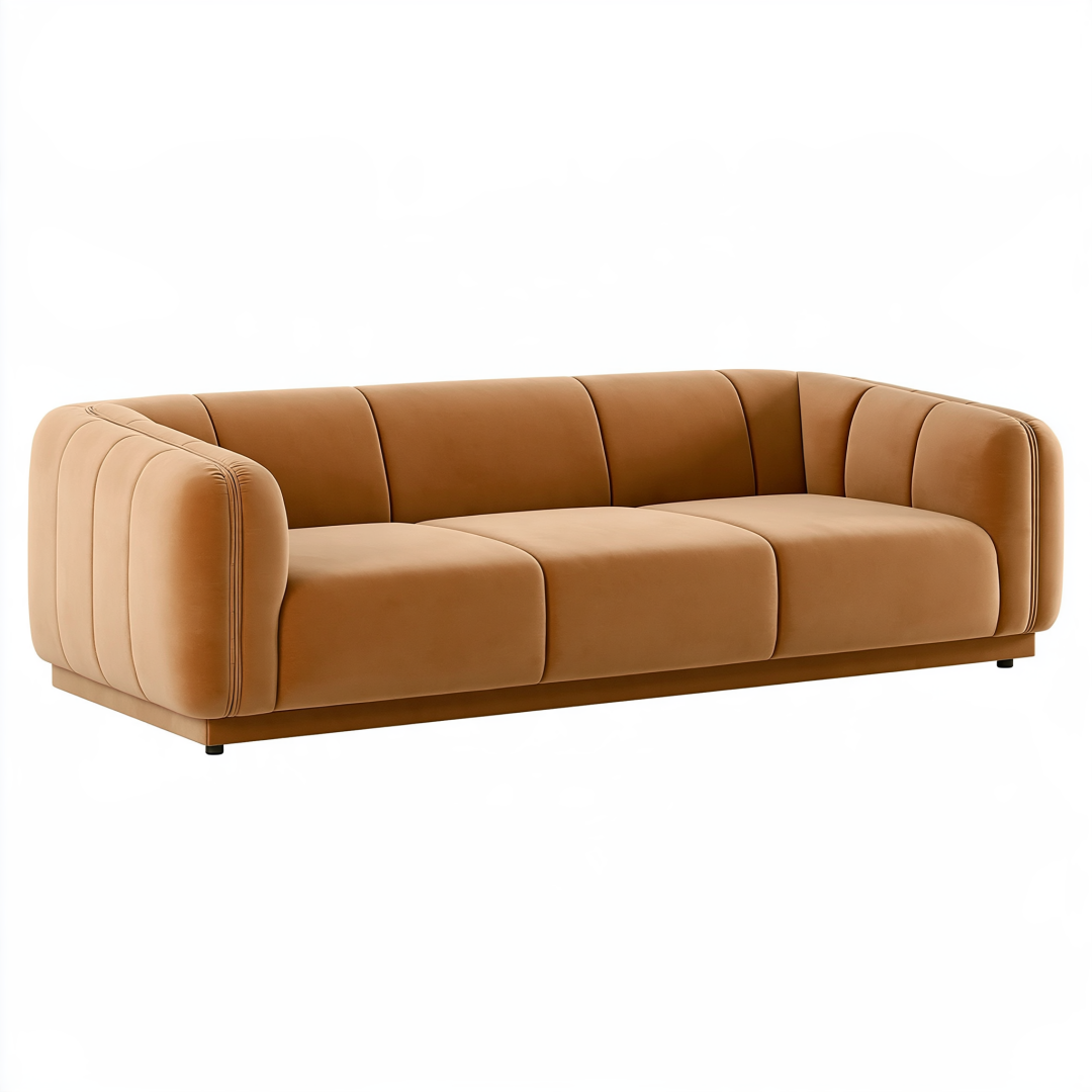 Canapé 3 places 220 cm en tissu aspect velours camel pour salon design arrondi