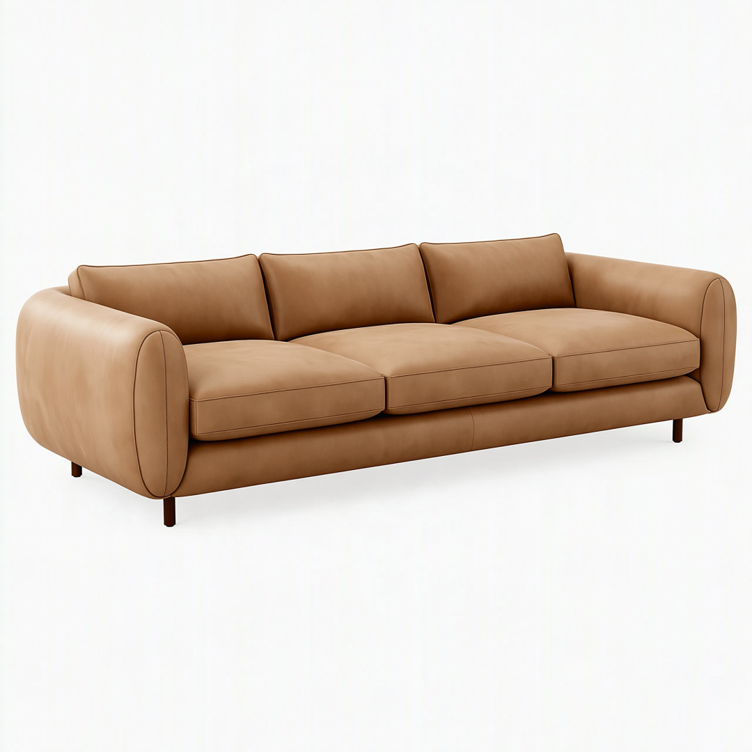 Canapé 3 places 230 cm simili cuir camel contemporain à pieds fins