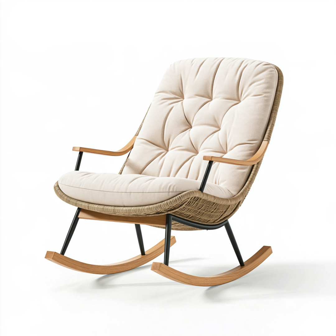 Fauteuil à bascule 95 x 78 x 102 cm en rotin beige avec structure en bois et métal style naturel