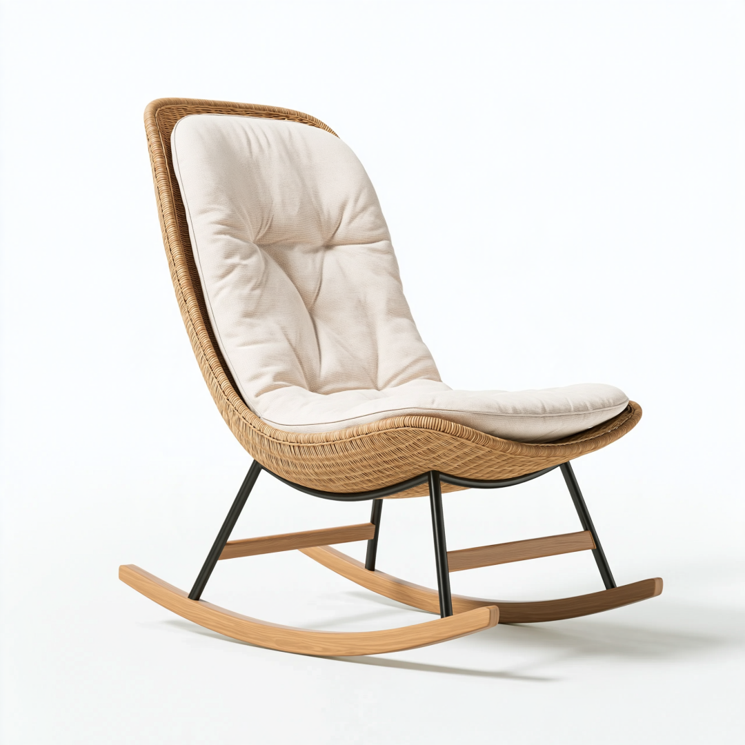 Fauteuil à bascule 98 x 72 x 102 cm en rotin beige avec coussin style naturel