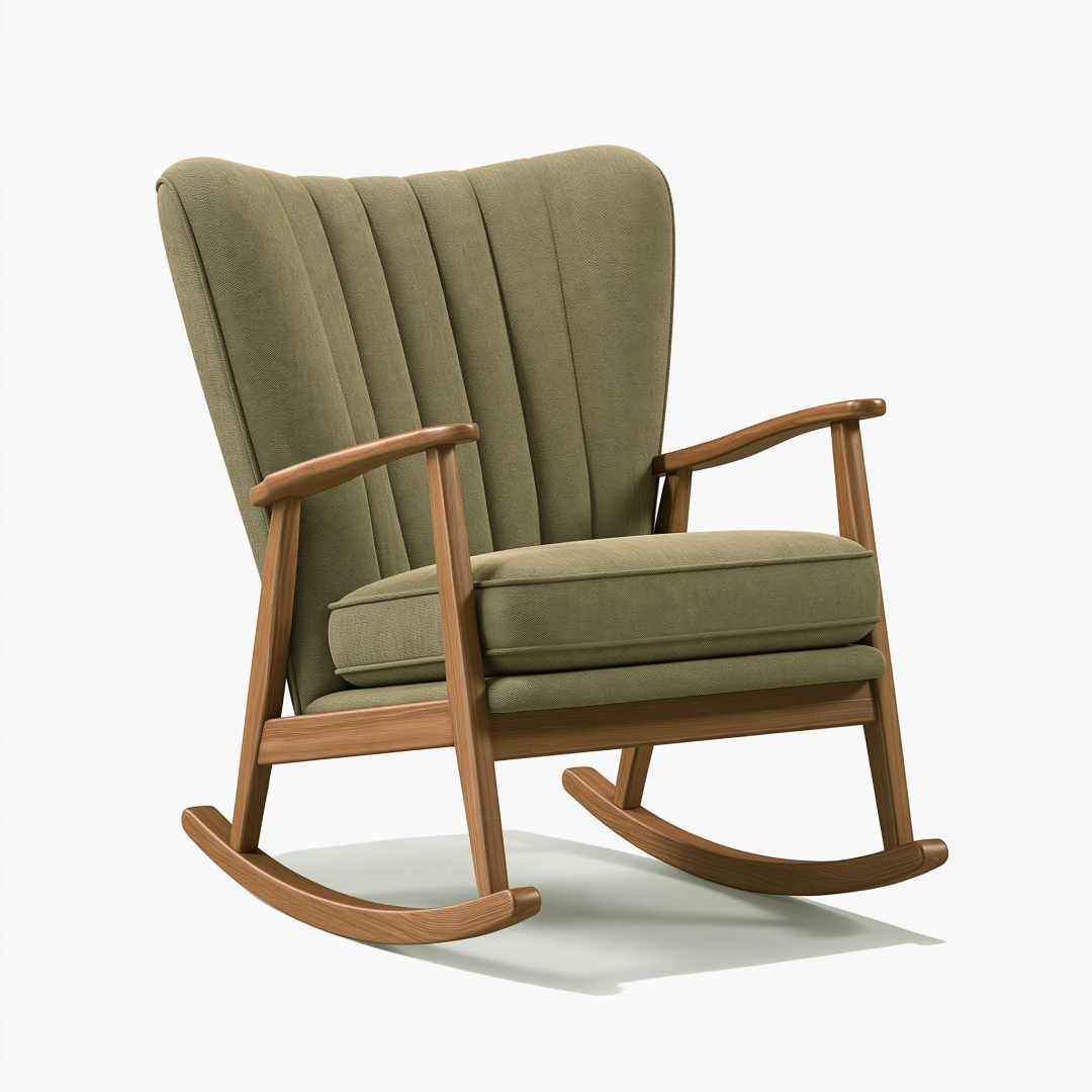 Fauteuil à bascule 70 x 95 x 100 cm en tissu vert olive et bois style scandinave