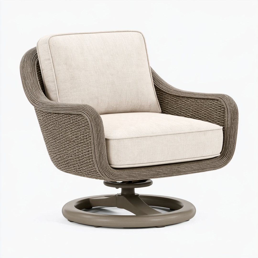 Fauteuil pivotant 90 cm x 90 cm x 88 cm en résine tressée taupe avec assise beige style contemporain