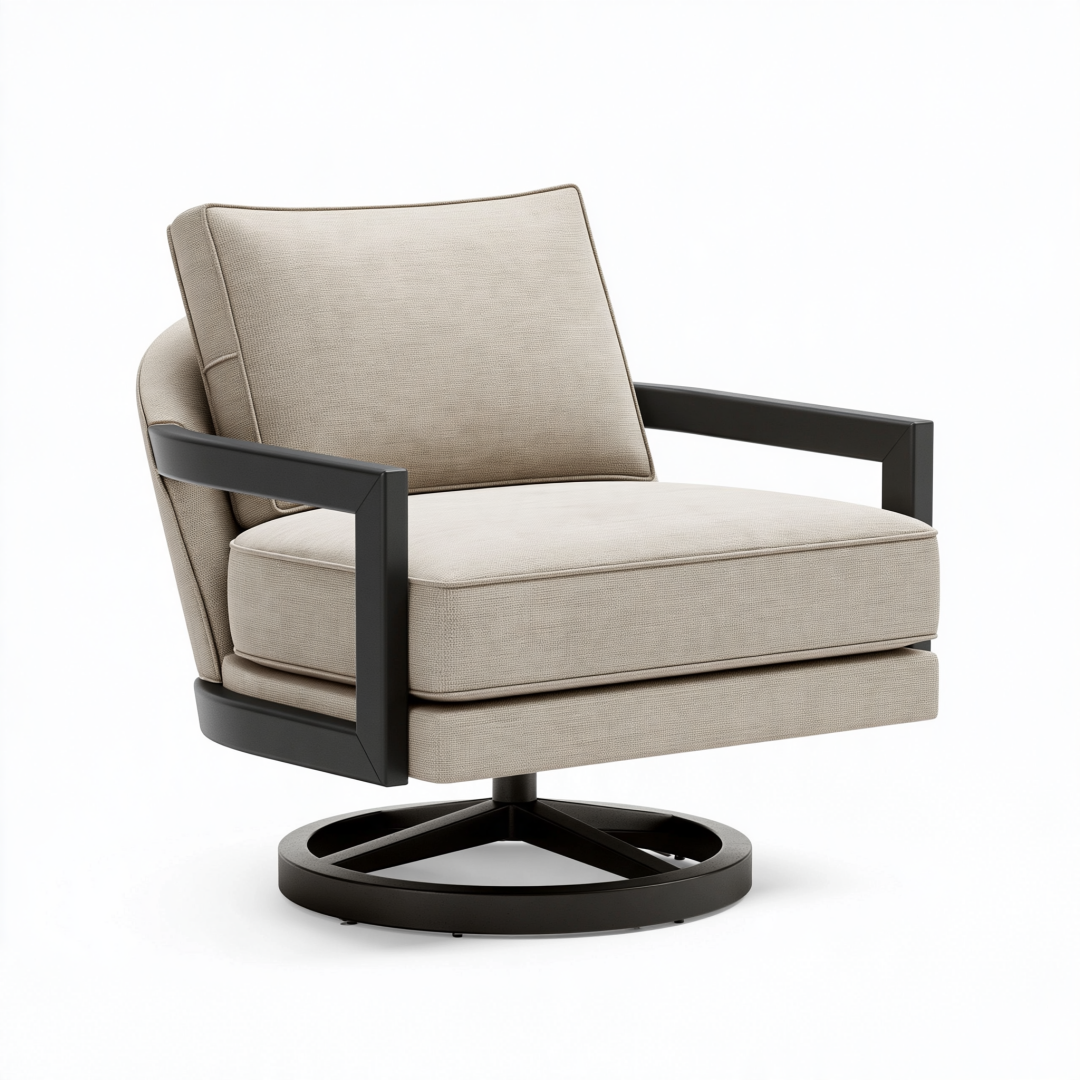 Fauteuil pivotant 80 x 82 x 87 cm en tissu beige et métal noir style contemporain
