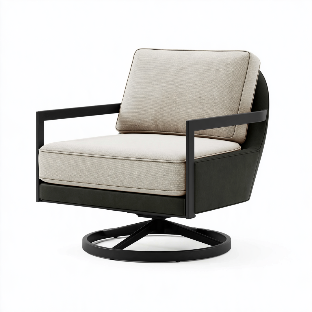 Fauteuil pivotant 80 x 85 x 88 cm en tissu beige et métal noir style contemporain
