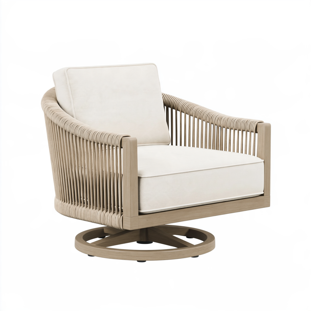 Fauteuil de jardin pivotant 80 x 85 x 84 cm en bois beige avec coussins blanc cassé