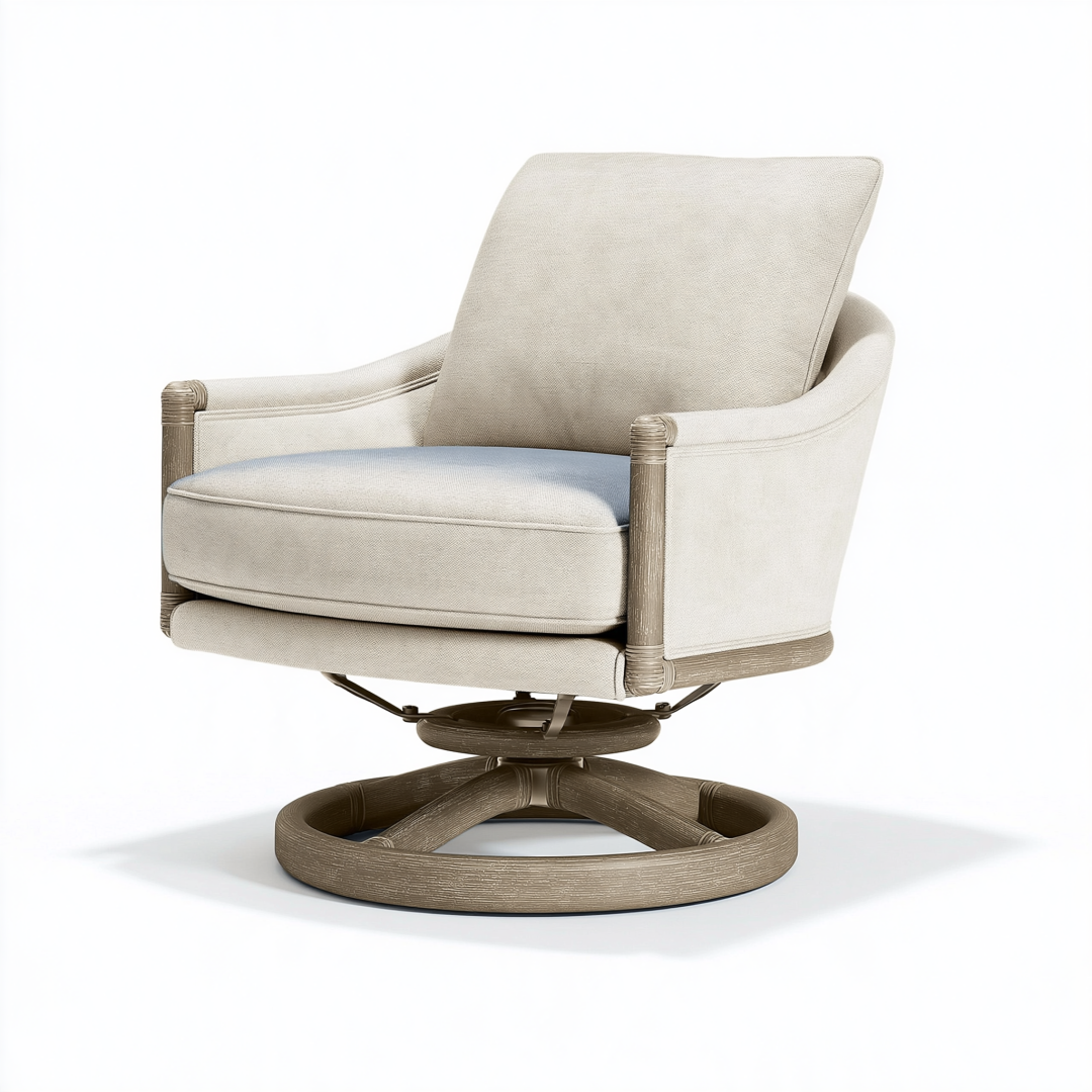 Fauteuil pivotant 82 x 88 x 102 cm en tissu beige avec structure en bois style contemporain