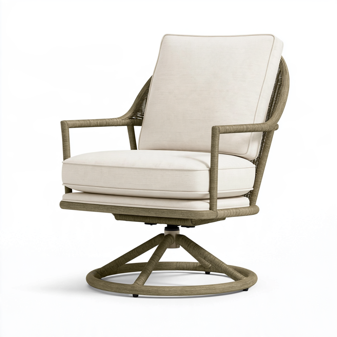 Fauteuil pivotant 77 x 84 x 97 cm en résine tressée taupe et tissu écru pour extérieur
