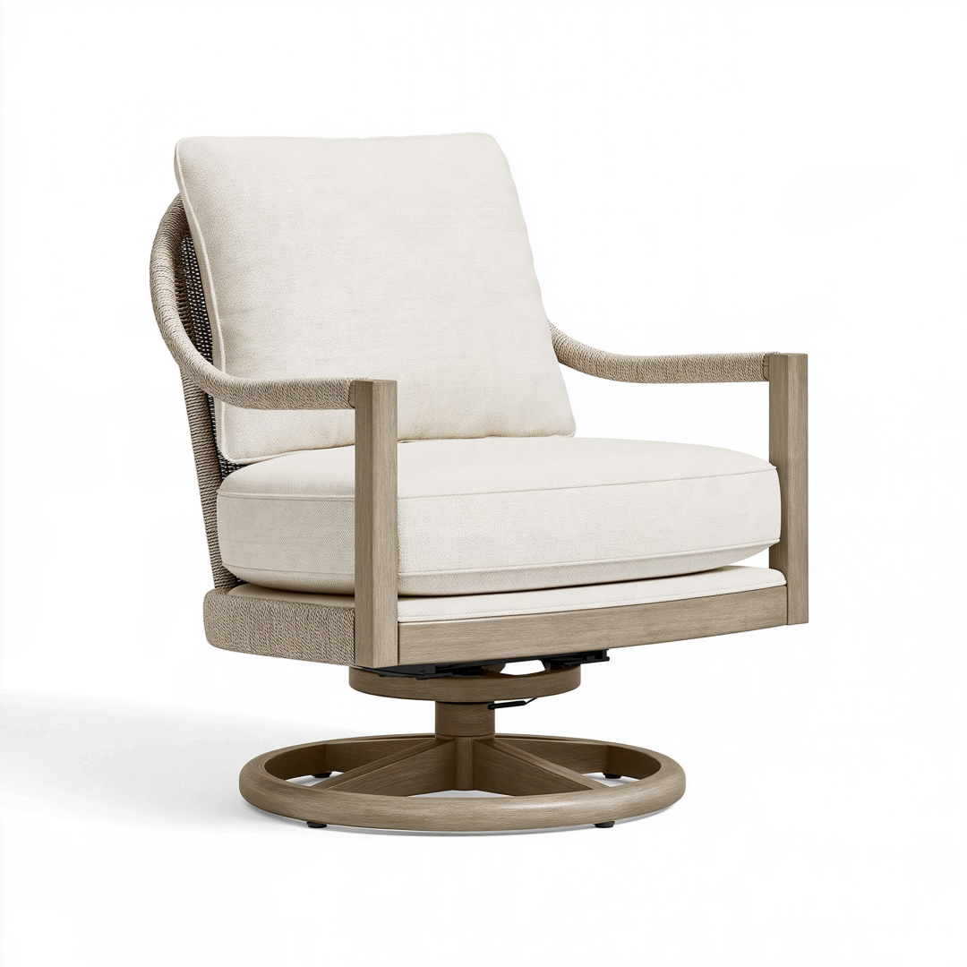 Fauteuil pivotant 76 x 82 x 89 cm en bois et corde beige avec assise rembourrée