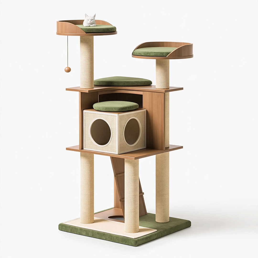 Arbre à chat 60 x 60 x 145 cm en bois et sisal vert avec niches et plateformes