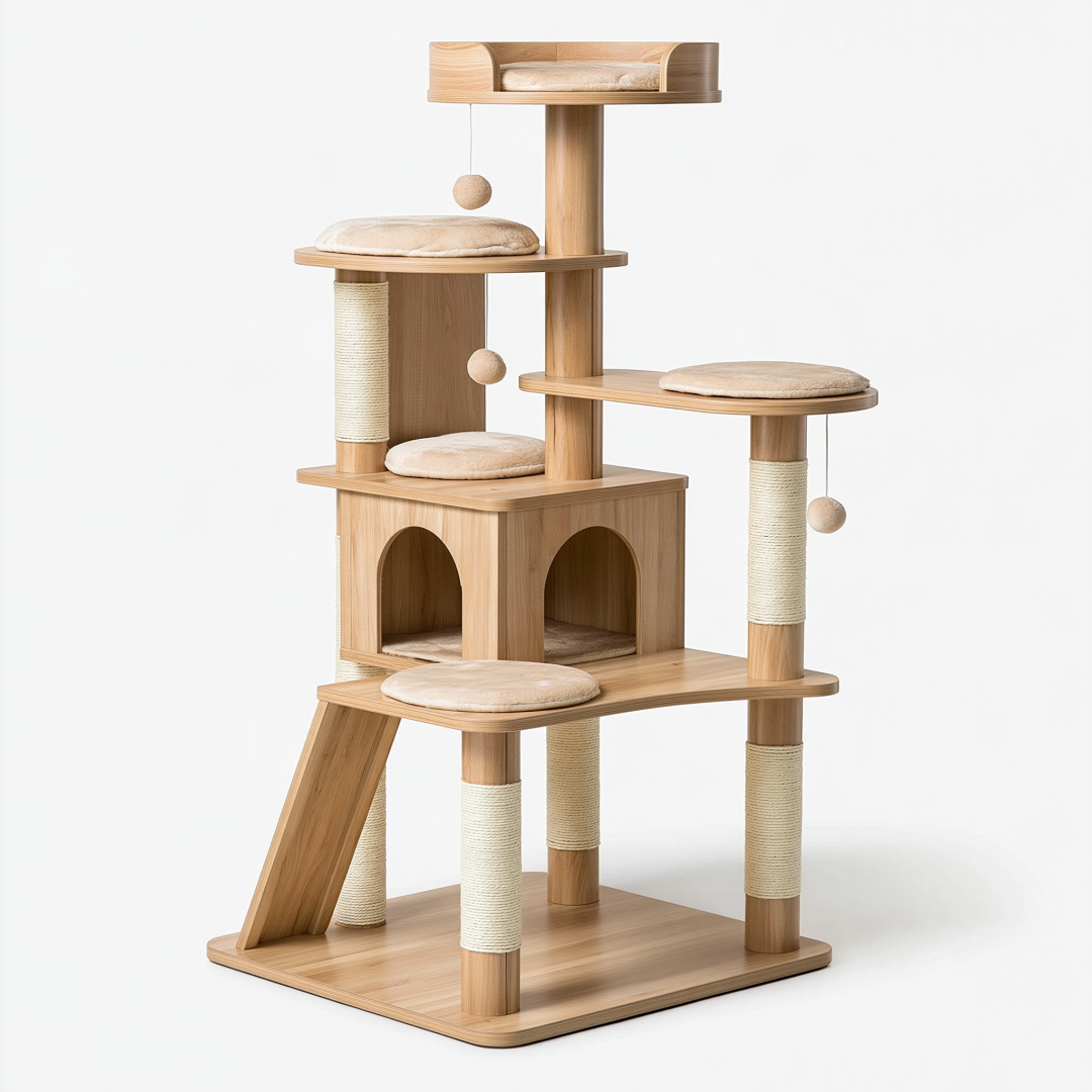 Arbre à chat 80 x 60 x 180 cm en bois beige avec poteaux en sisal et niches de repos