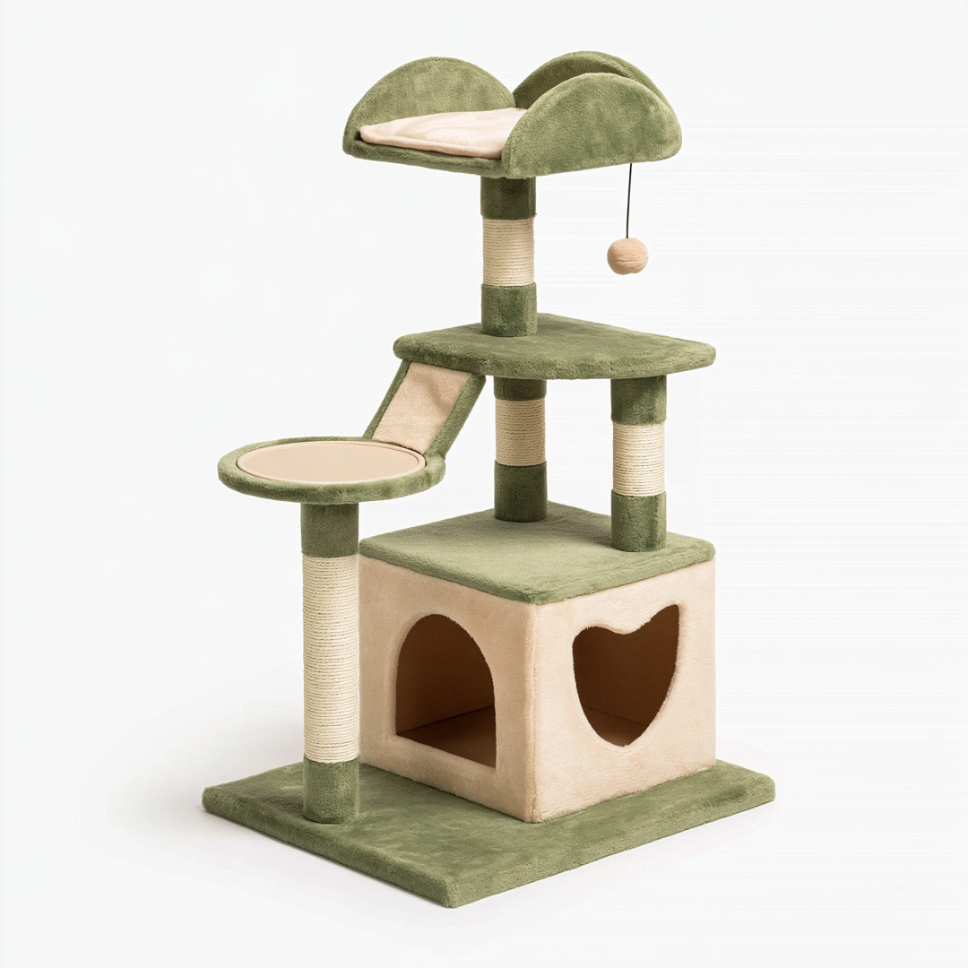 Arbre à chat 60 x 50 x 130 cm en peluche vert beige avec griffoirs et niche