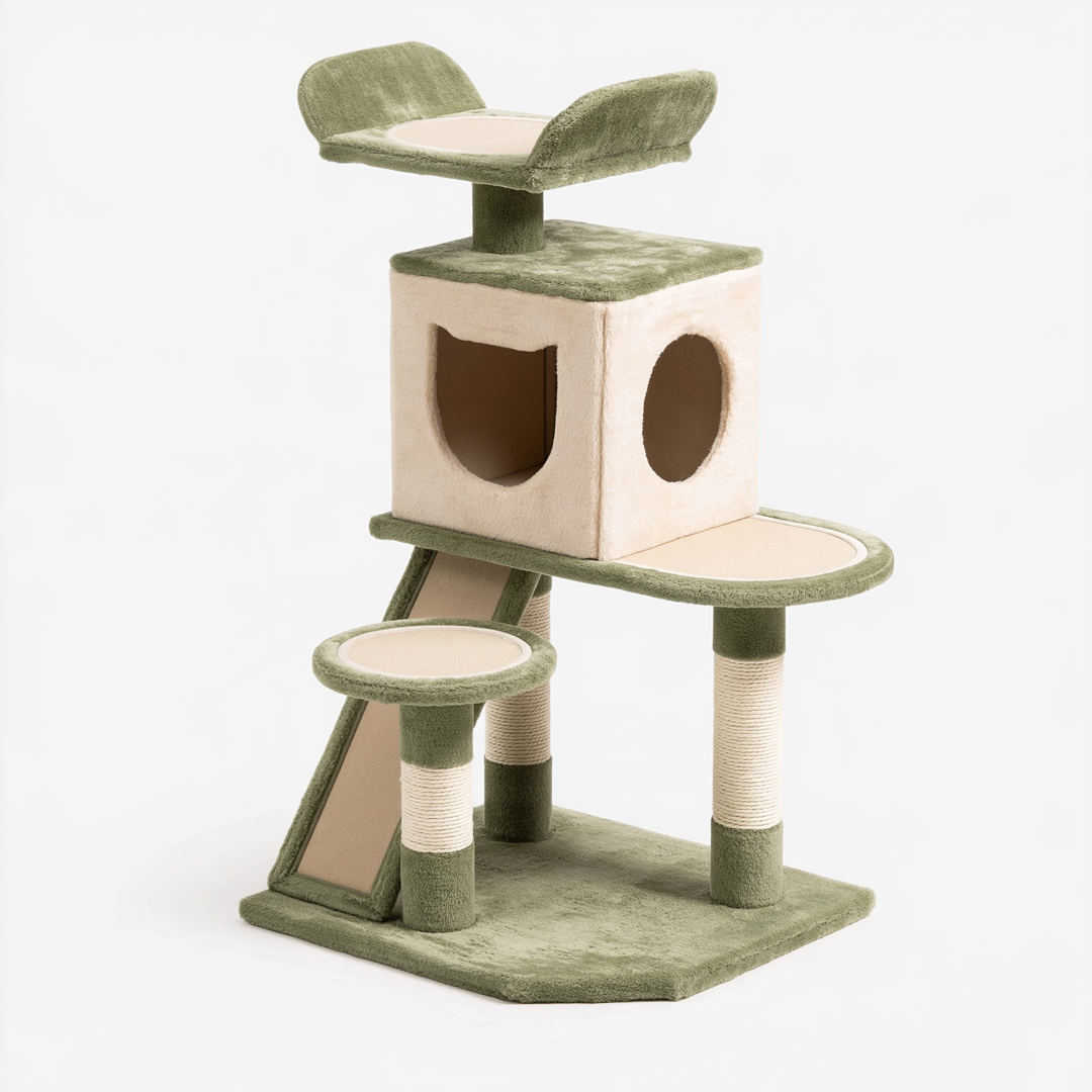 Arbre à chat 60 x 50 x 120 cm en peluche vert beige avec griffoirs et niches