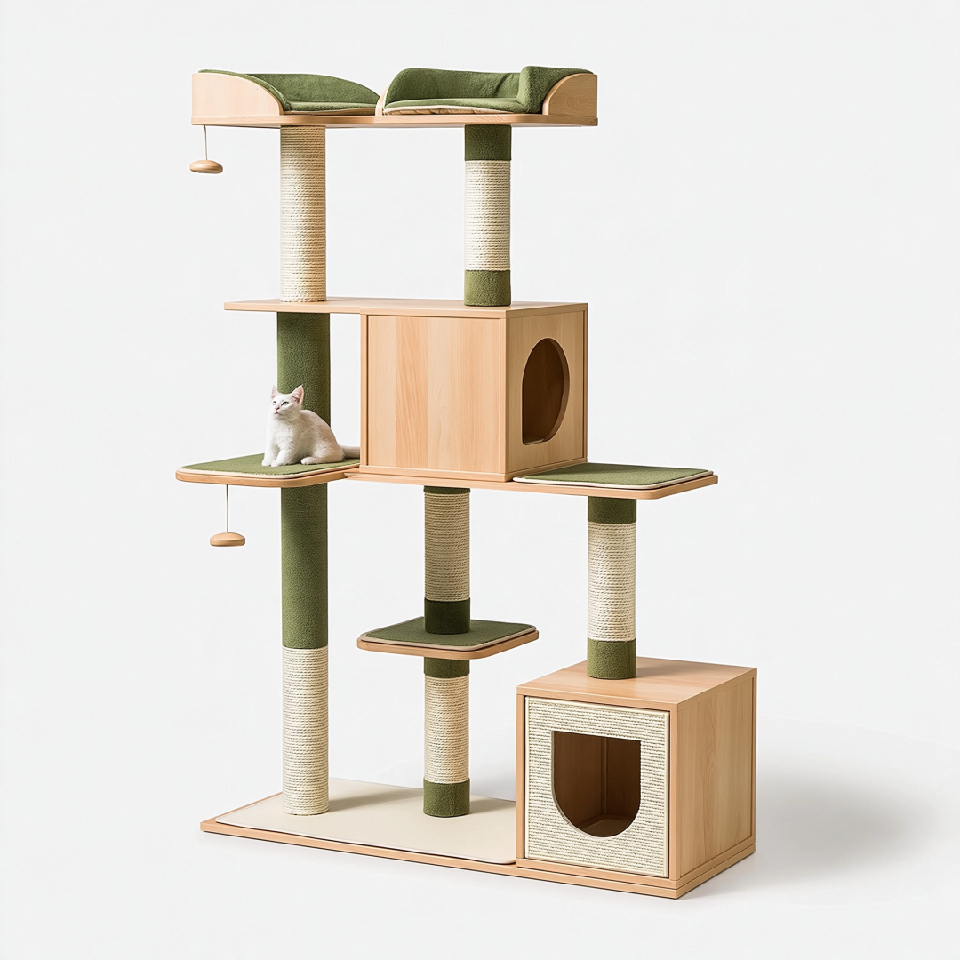Arbre à chat 120 x 60 x 190 cm en bois beige et vert avec griffoirs en sisal et niches