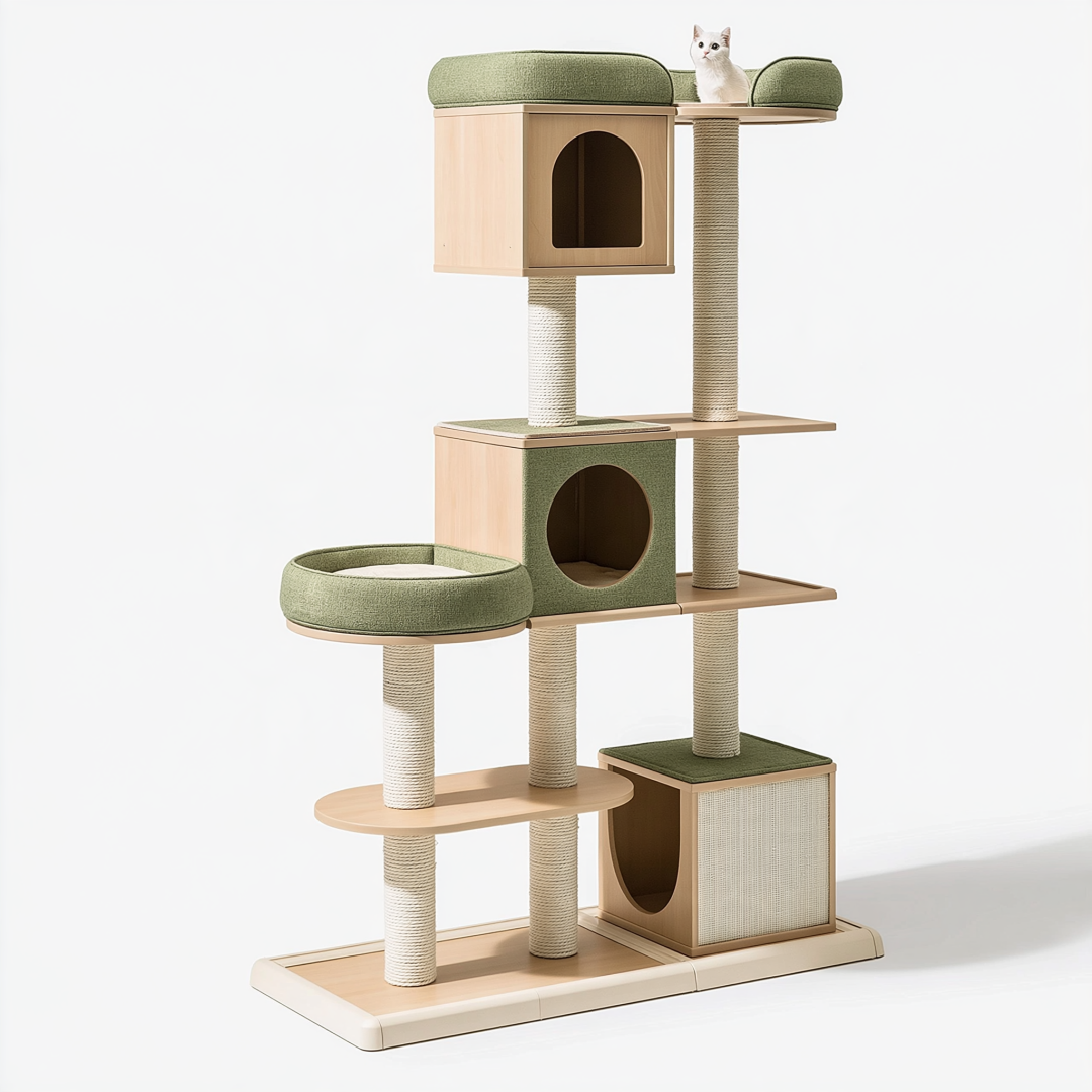 Arbre à chat 80 x 60 x 180 cm en bois beige et vert avec griffoirs en sisal et niches style moderne