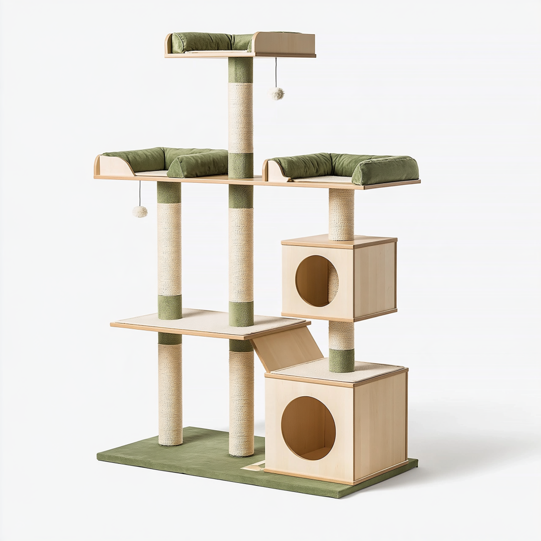 Arbre à chat 120 x 60 x 180 cm en bois beige et vert avec griffoirs en sisal et niches