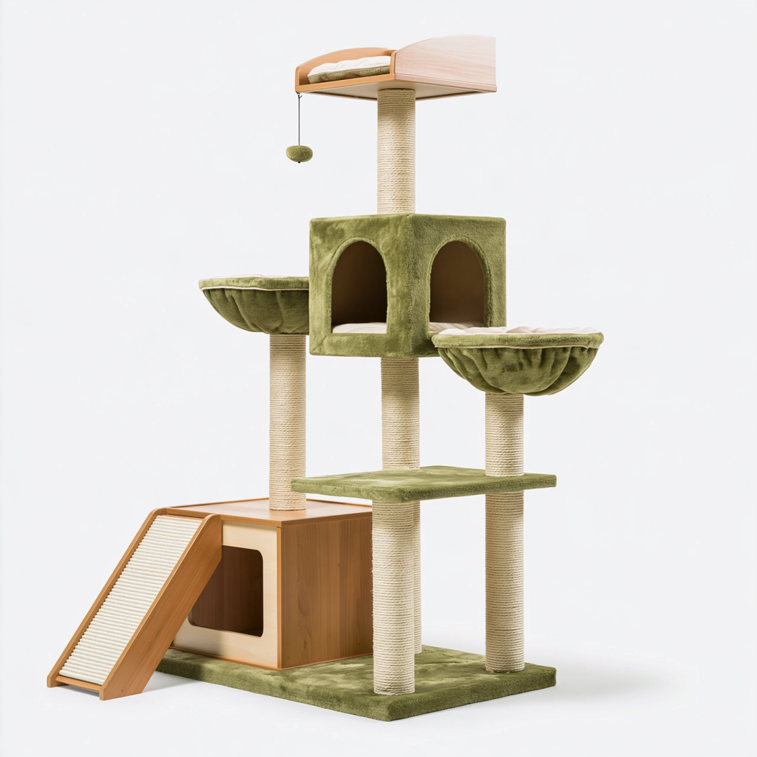 Arbre à chat 65 x 60 x 170 cm vert en bois avec poteaux en sisal et niches