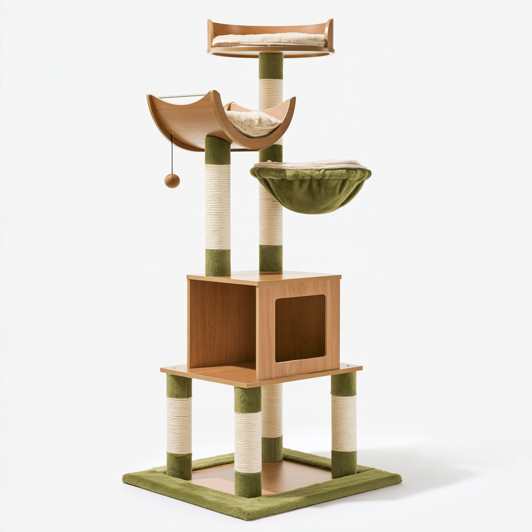 Arbre à chat 60 x 60 x 180 cm en bois vert et beige avec griffoirs et niches